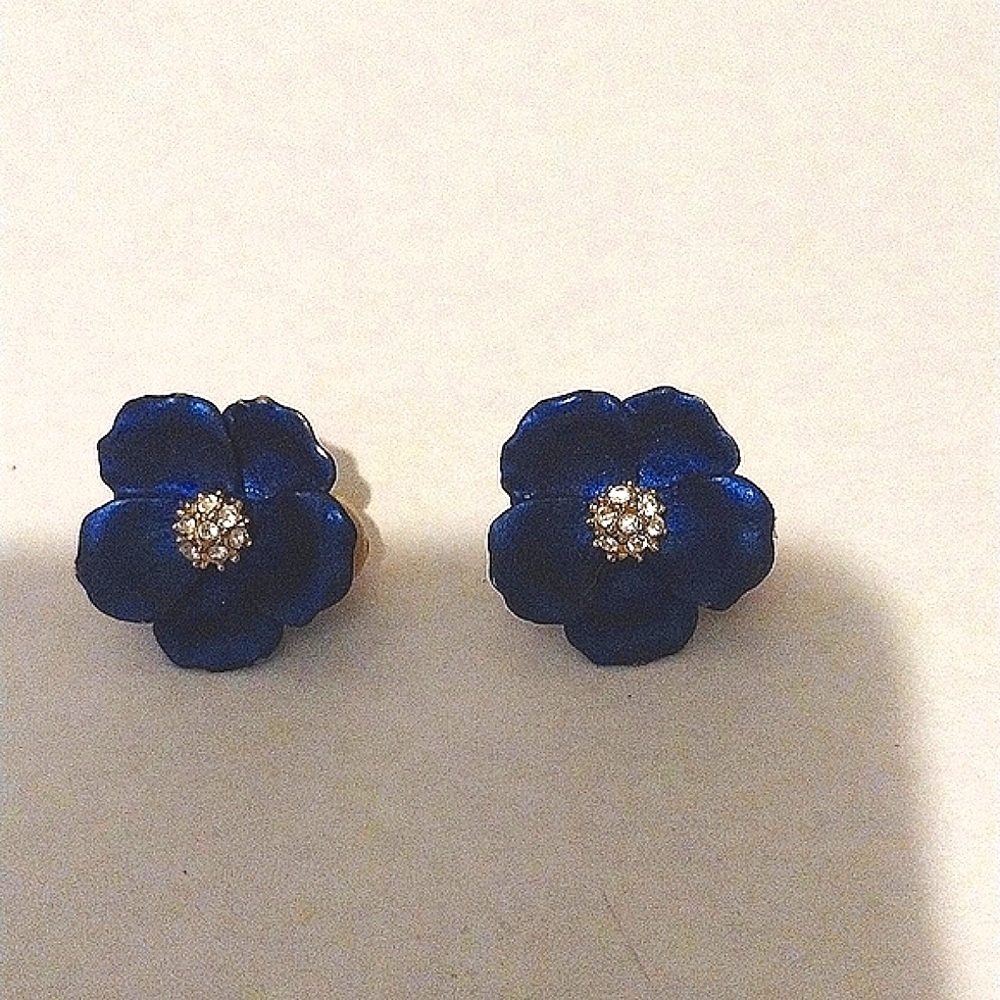 Deep blue flower earrings with clear rhinestone centers